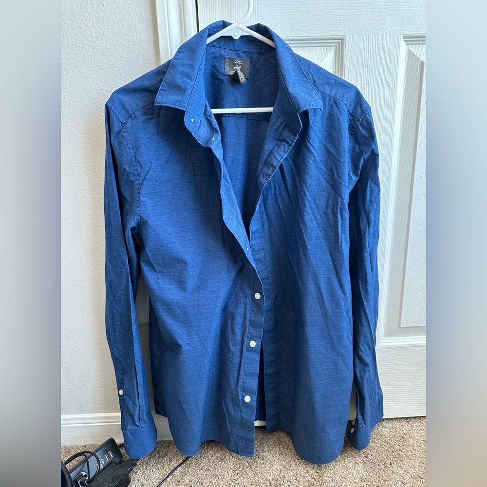 Dark blue dress shirt.